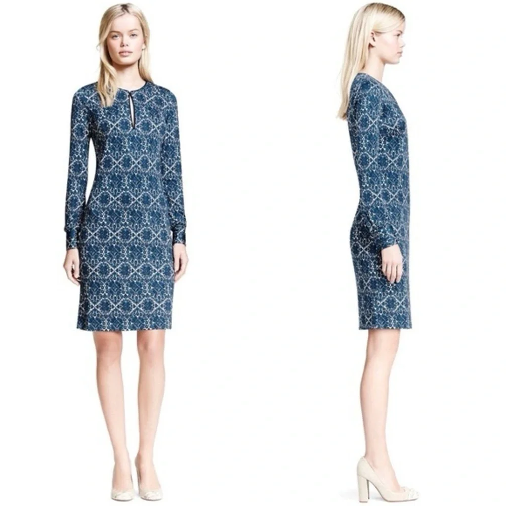 TORY BURCH Walker Long Sleeve‎ Fitted Mini Dress Navy Blue White Size M Keyhole